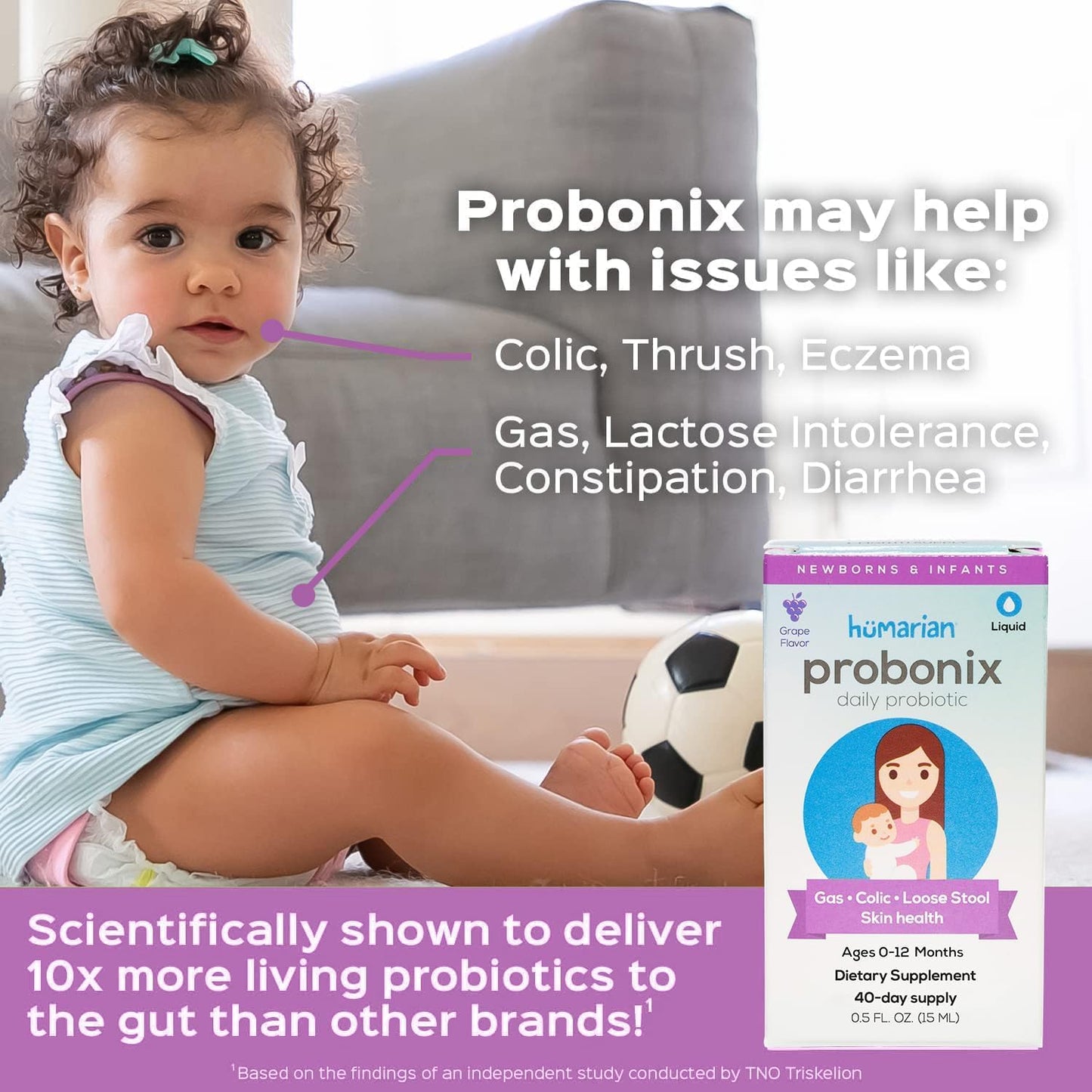Probonix Humarian Liquid Probiotic for Baby 0-12 Months - 8-Strain Infant Probiotic Drops - 45 Billion CFUs - 40-Day Supply - Tasty Grape Flavor