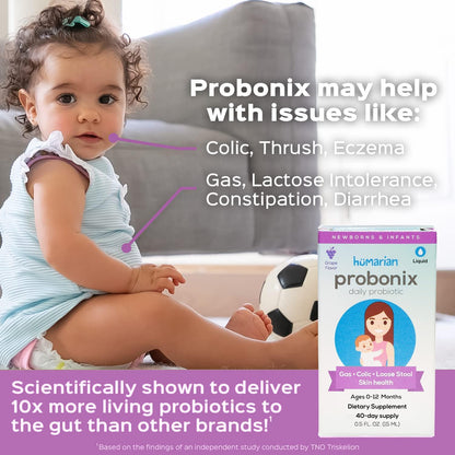 Probonix Humarian Liquid Probiotic for Baby 0-12 Months - 8-Strain Infant Probiotic Drops - 45 Billion CFUs - 40-Day Supply - Tasty Grape Flavor
