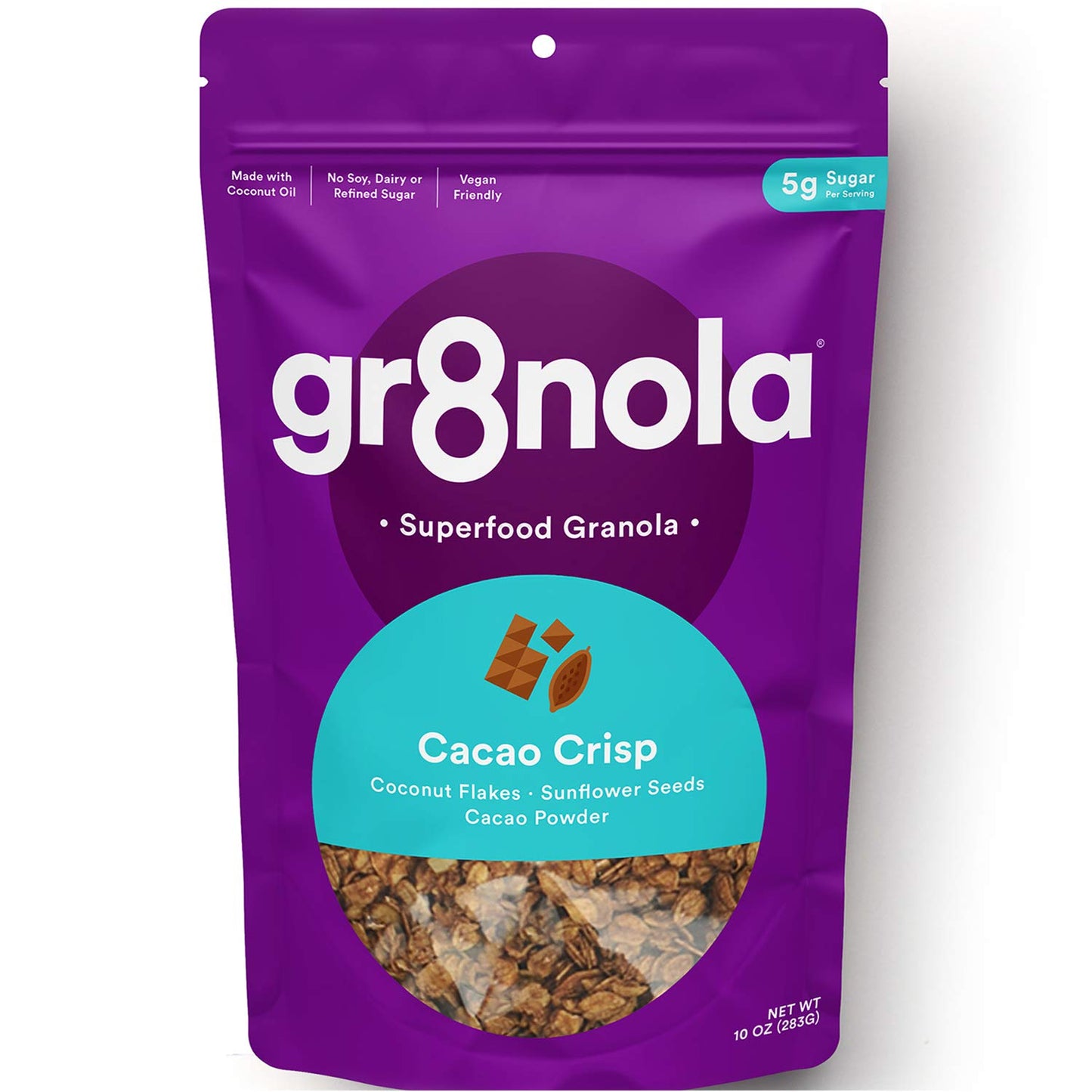 gr8nola CACAO CRISP - Healthy, Low Sugar, Vegan Granola Cereal - Made with Superfoods Cacao, Coconut, and Sunflower Seeds, Soy Free, Dairy Free and No Refined Sugar - 10oz Resealable Bag