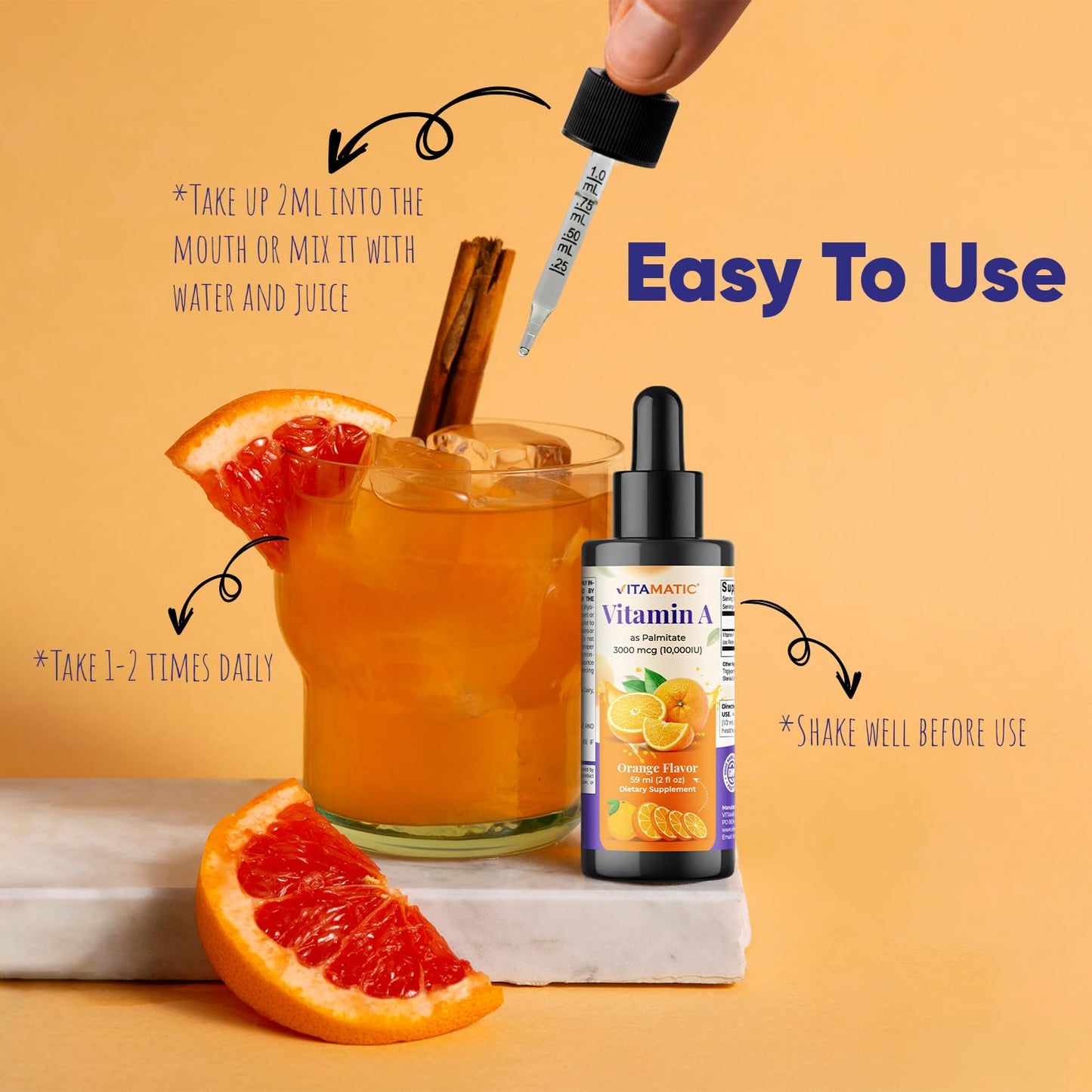 Vitamatic Sugar Free Vitamin A Liquid Drops 10000 IU (3000 mcg) as Retinyl Palmitate - Approximate 4 Months Supply - Immune Support, Eye Health, Skin Health - 2 FL OZ (59 ml)