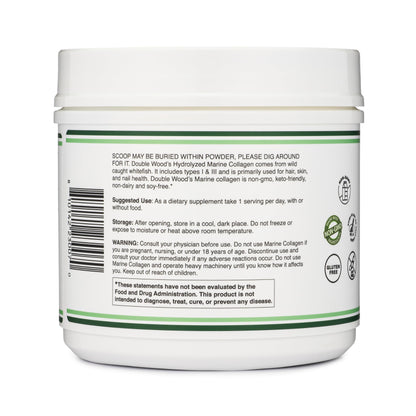 Double Wood Supplements Marine Collagen Powder (1 LB / 16 OZ of Quick Dissolve Marine Collagen Peptides) Wildcaught, Unflavored, Micronized - Scoop Included, No Fillers (38 Servings of 12 Grams Each)