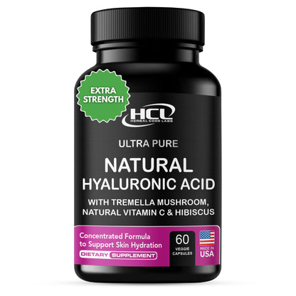 Natural Hyaluronic Acid Supplement 5X Stronger Hydration Pills from Pure Tremella Mushroom with Vitamin C & Hibiscus - Skin Supplement Anti Wrinkle Dietary Capsules - hair nails vitamins