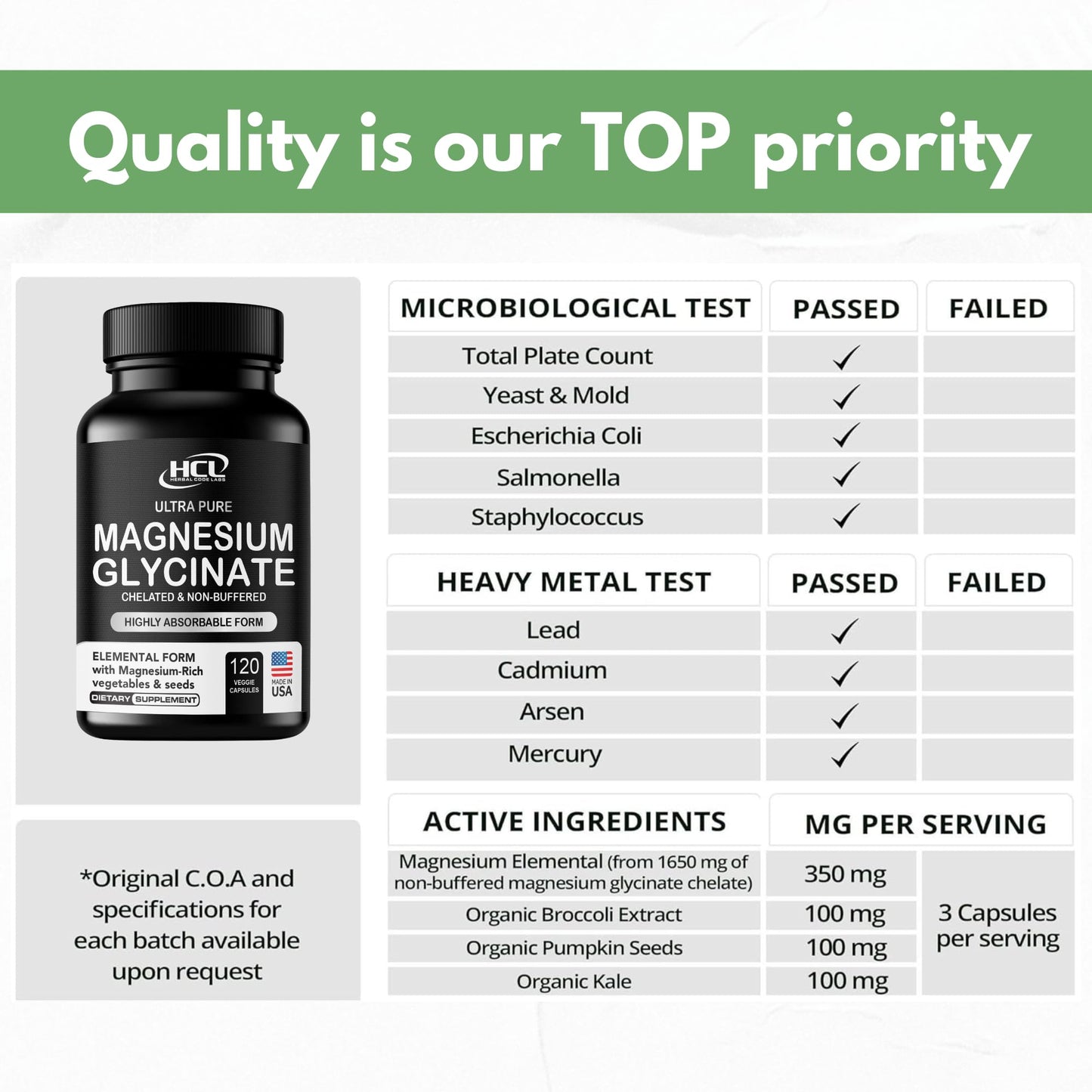 Pure Magnesium Glycinate Capsules - Non-Buffered 350mg Elemental Magnesium Supplement - Chelated High Absorption & Purity Magnesium Complex - Made in USA