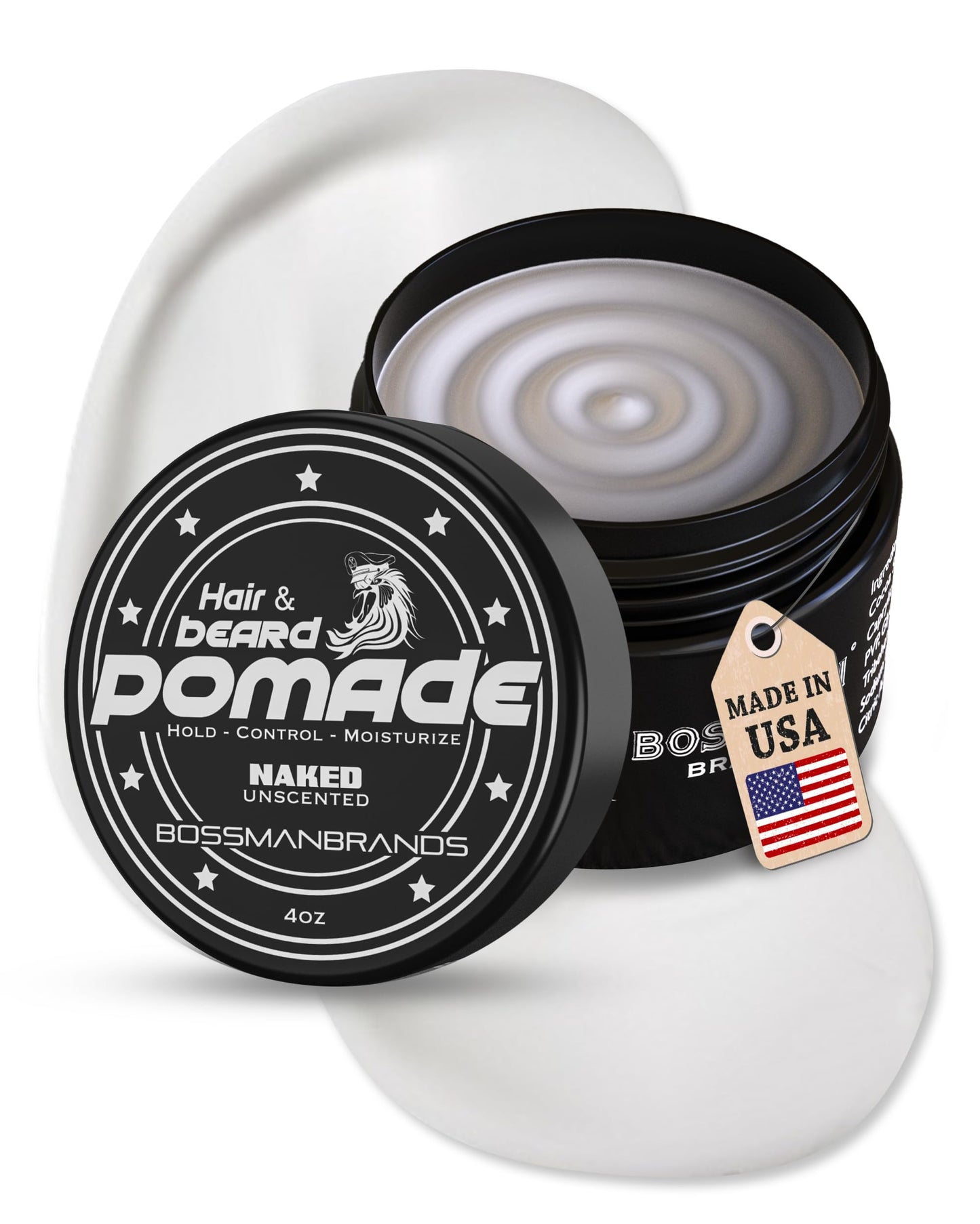 Bossman Hair & Beard Pomade for Men (Naked - Unscented) – Medium Hold & Moisturizing for Hair, Beard & Mustache Styling – Made in USA