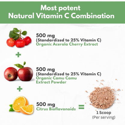 Natural Vitamin C from Organic Acerola Cherry & Camu Camu Powder - High Absorption with Citrus Bioflavonoids - Immune System & Collagen Booster - Anti Aging Skin Vitamins Made in USA 90 servings