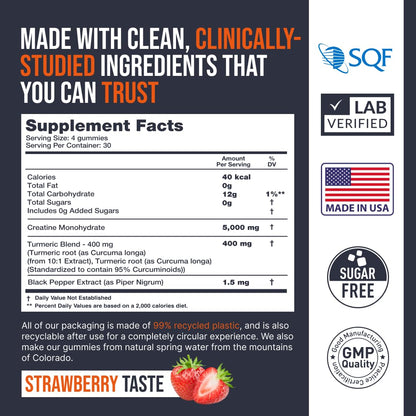 EcoWise Wellness Creatine Monohydrate Gummies 5000 mg, Strawberry Flavor, 120 Sugar-Free Vegan Chews, Creatine Supplement for Daily Routine
