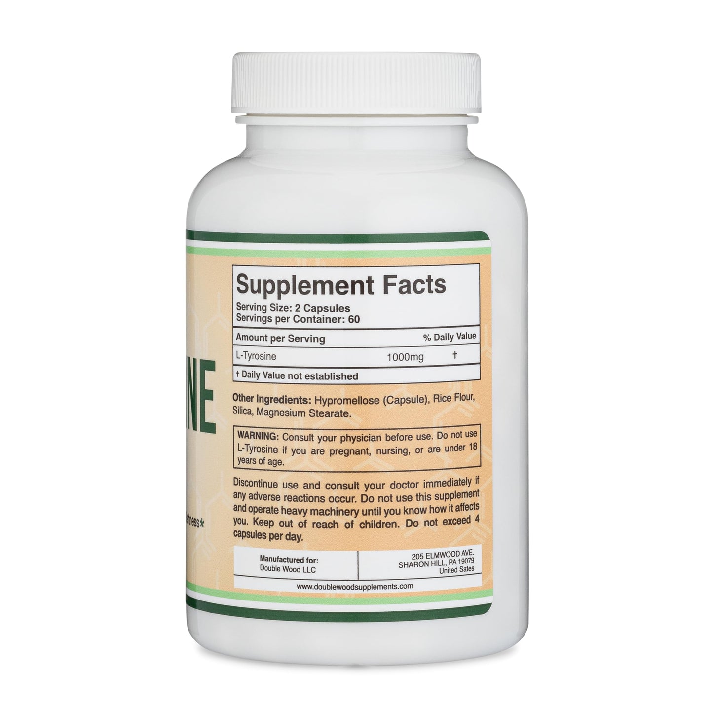 L-Tyrosine 1,000mg per Serving, 120 Veggie Capsules (L Tyrosine Supplement for Memory, Attention, and Focus) Amino Acid, Vegan Safe, Non-GMO by Double Wood