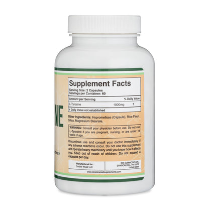 L-Tyrosine 1,000mg per Serving, 120 Veggie Capsules (L Tyrosine Supplement for Memory, Attention, and Focus) Amino Acid, Vegan Safe, Non-GMO by Double Wood