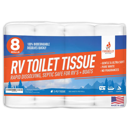 RV Toilet Paper, Septic Tank Safe-MADE IN THE USA- 8 Rolls,2-Ply 500 Sheets - Fast Dissolve Bath Tissue for Camping, Marine, RV Holding Tanks, Biodegradable - Firebelly Outfitters