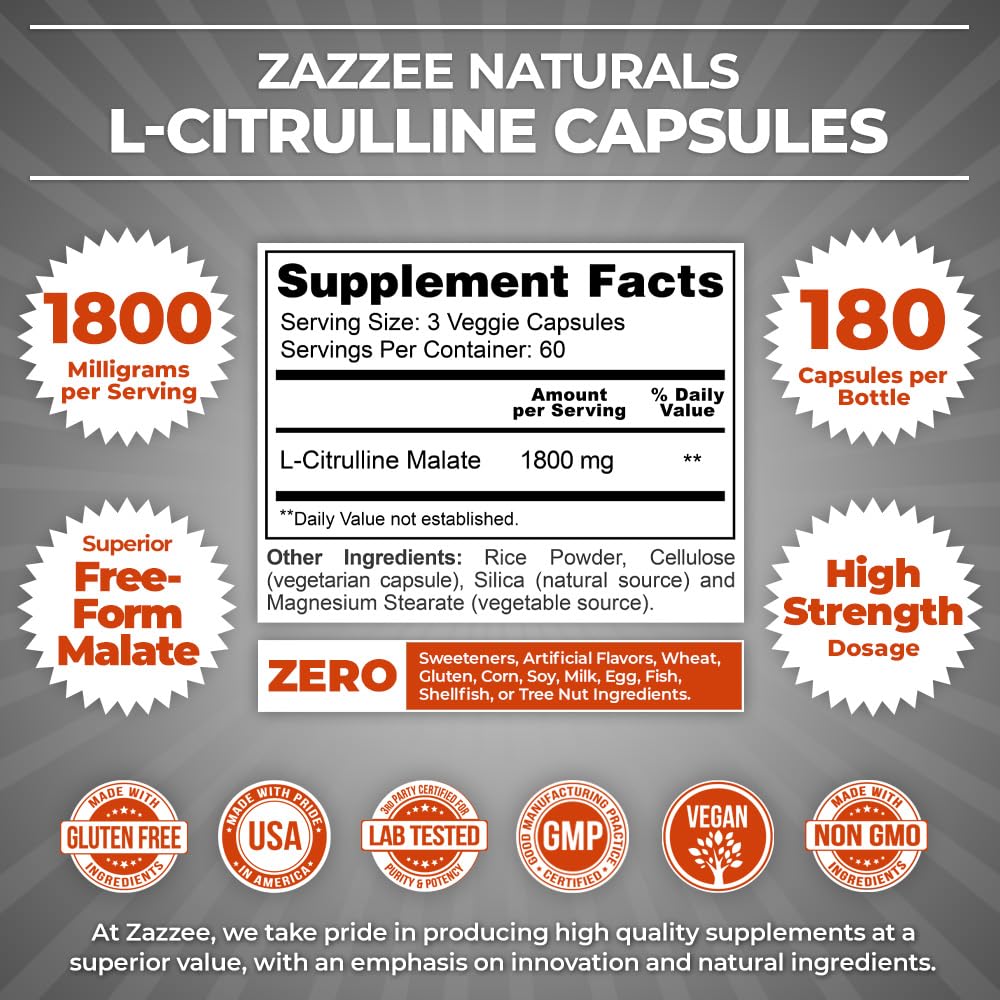 Zazzee High Strength L-Citrulline Malate, 1800 mg per Serving, 180 Vegan Capsules, 60 Day Supply, High Absorption with Superior Free-Form Malate, 100% Vegetarian, All-Natural and Non-GMO