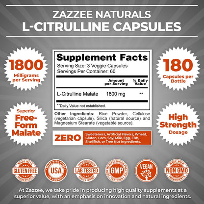 Zazzee High Strength L-Citrulline Malate, 1800 mg per Serving, 180 Vegan Capsules, 60 Day Supply, High Absorption with Superior Free-Form Malate, 100% Vegetarian, All-Natural and Non-GMO