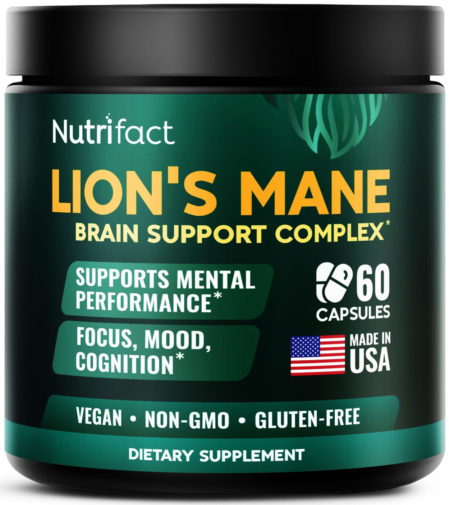 Lions Mane Supplement Capsules – 1000 mg per Serving, Complete Brain Support Complex with L Theanine, Ginkgo Leaf, Vitamin B6, B12 - Vegan, Non-GMO & Made in USA Lions Mane Mushroom - 60 Capsules