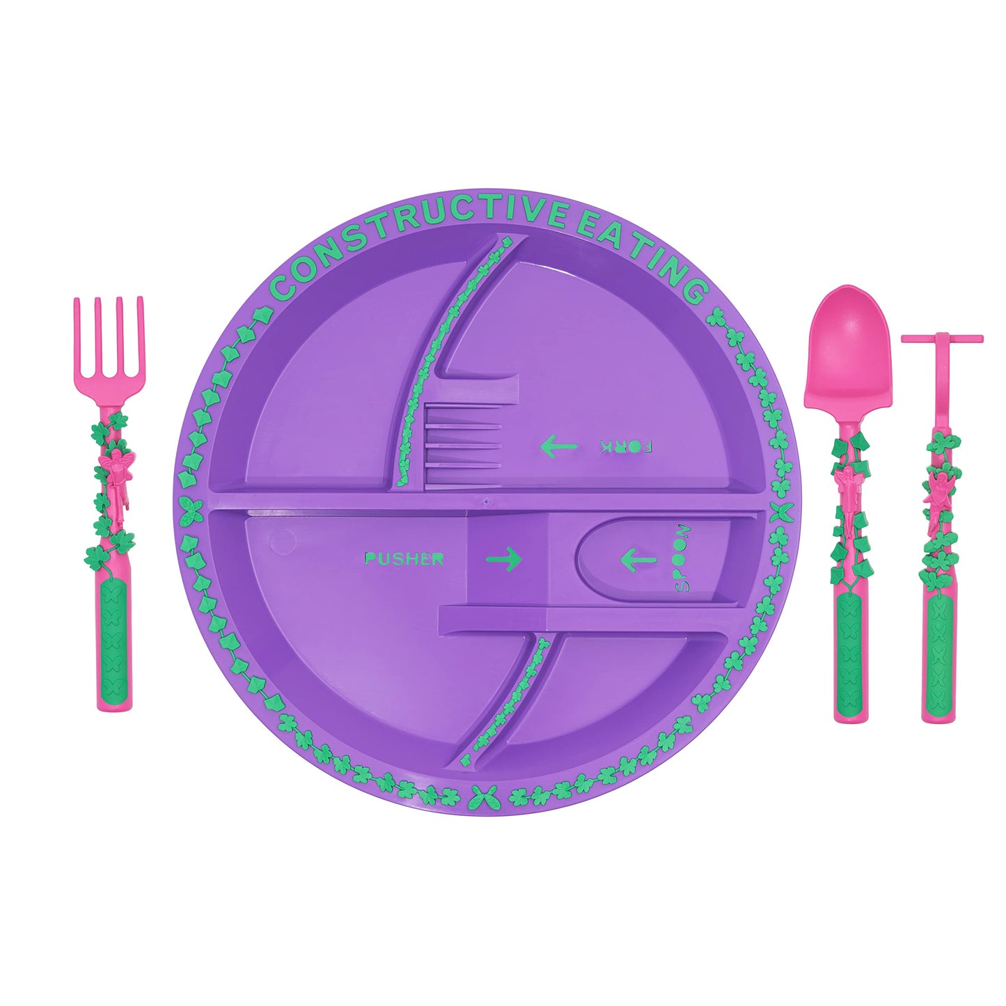 Constructive Eating Plate and Utensils Set - USA-Made Toddler Dinnerware with Divided Plates (Garden Fairy)