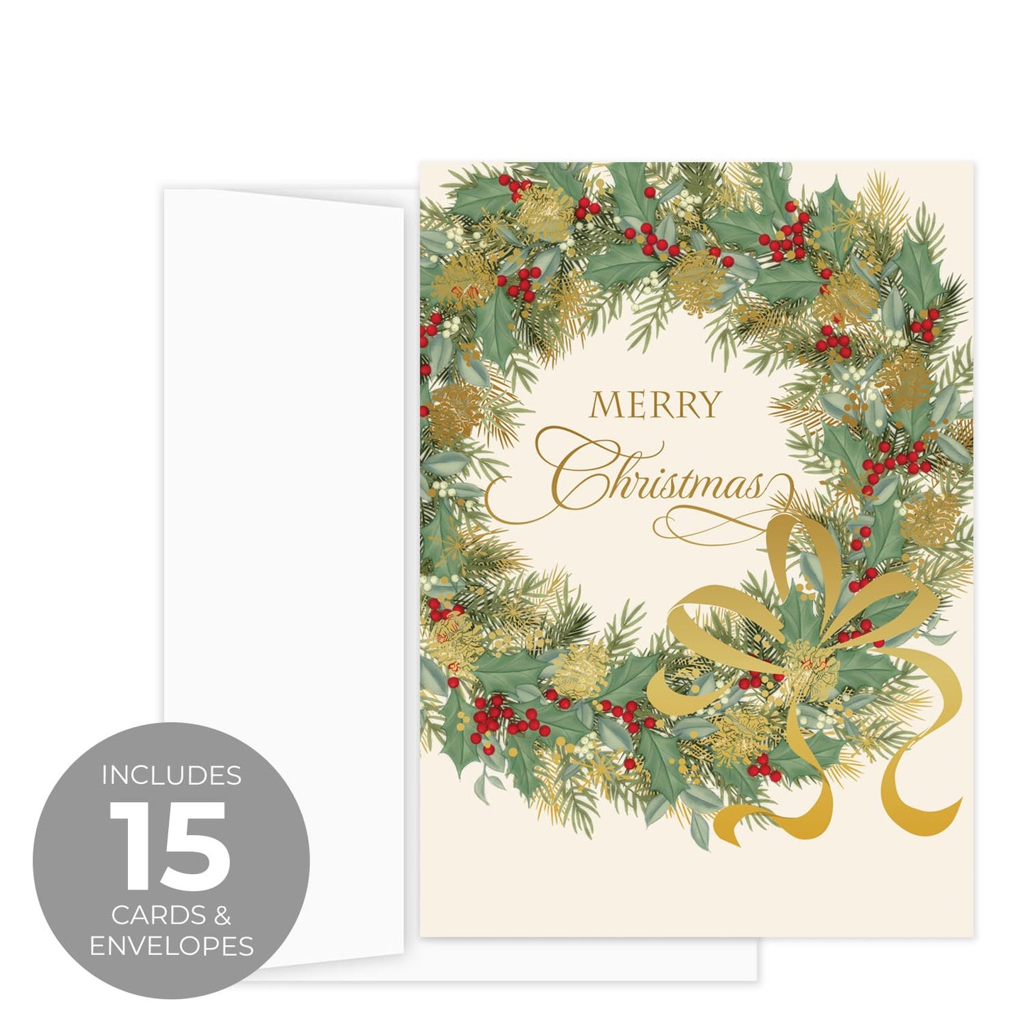 Canopy Street Masterpiece Traditional Wreath Christmas Cards / 15 Festive Holiday Cards Set With White Envelopes / 5 5/8" x 7 7/8" Winter Greeting Cards With Inside Verse