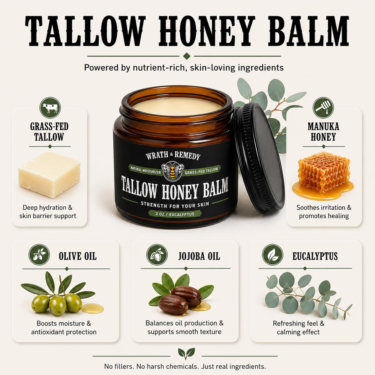 Organic Beef Tallow for Skin - 2OZ (Eucalyptus, Concentrated) — US-Made Grass Fed Tallow and Honey Balm Moisturizer for Face, Hands & Body — Intensive Care for Dry Sensitive Skin, Eczema(No Additives)