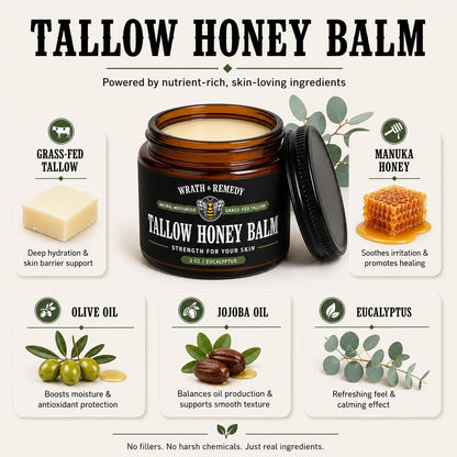 Organic Beef Tallow for Skin - 2OZ (Eucalyptus, Concentrated) — US-Made Grass Fed Tallow and Honey Balm Moisturizer for Face, Hands & Body — Intensive Care for Dry Sensitive Skin, Eczema(No Additives)