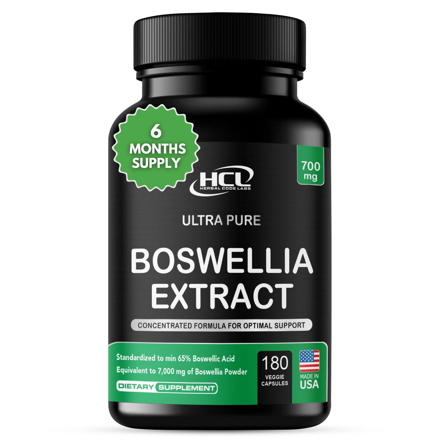 HCL HERBAL CODE LABS Boswellia Serrata Extract Capsules 65% Boswellic Acid 700mg Equal to 7000mg Resin Powder, Extra Strength & Superior Absorption, 6 Month Supply 180 Vegan Capsules Non-GMO