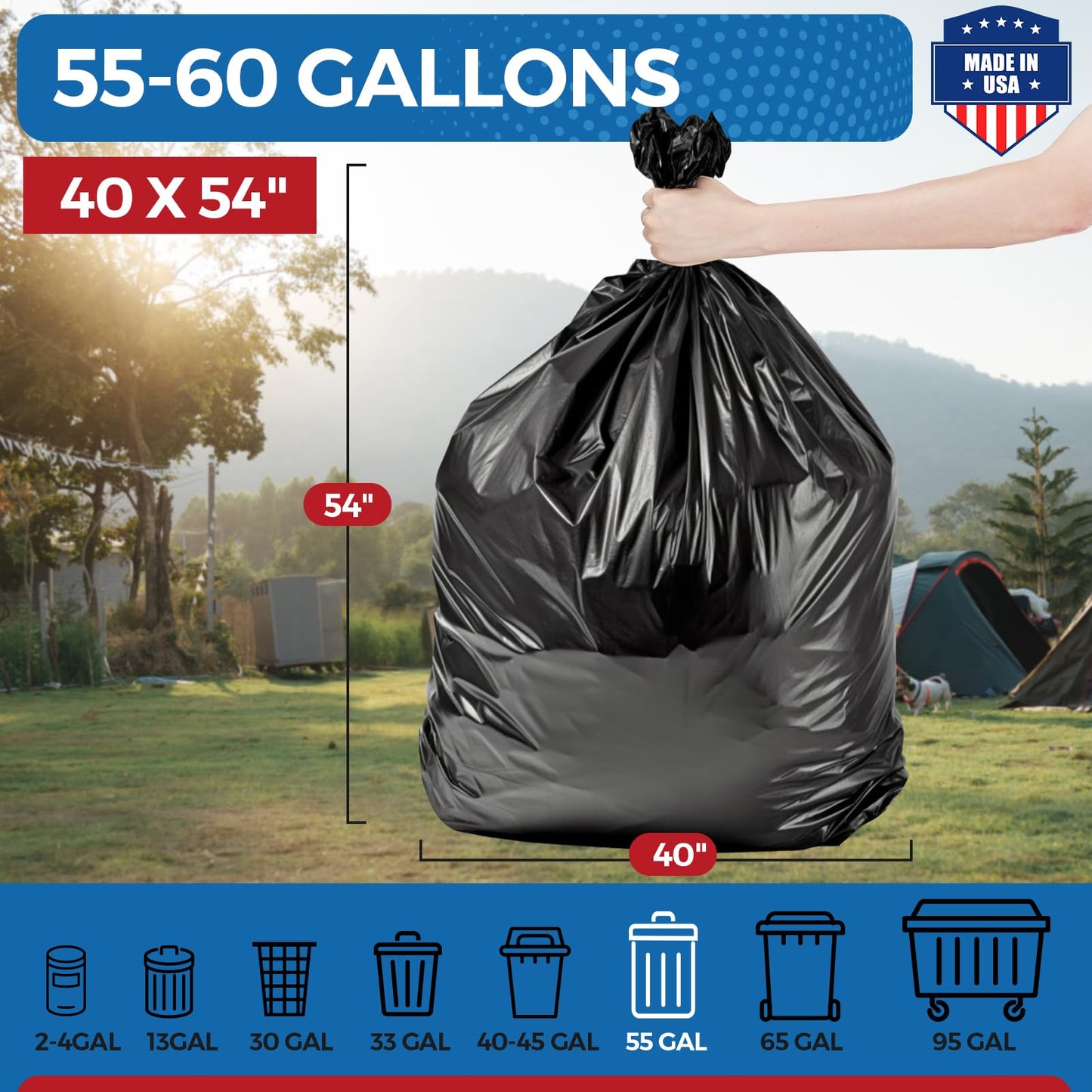 Fuxury 60 Gallon Trash Bags Medium Duty, 100 Count Garbage Bags, 38 x 58" Extra Large Black Trash Bags, 0.9 Mil Plastic Bags for Serious Garbage Cleanup, Made in USA