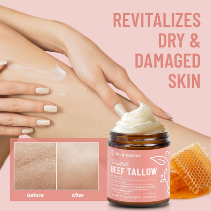 Body Restore Grass Fed Whipped Beef Tallow for Skin, Face, Body, Dry Skin - with Manuka Honey, Jojoba Oil, Birthday Gifts for Women, Men, Travel Essentials, Self Care - Citrus