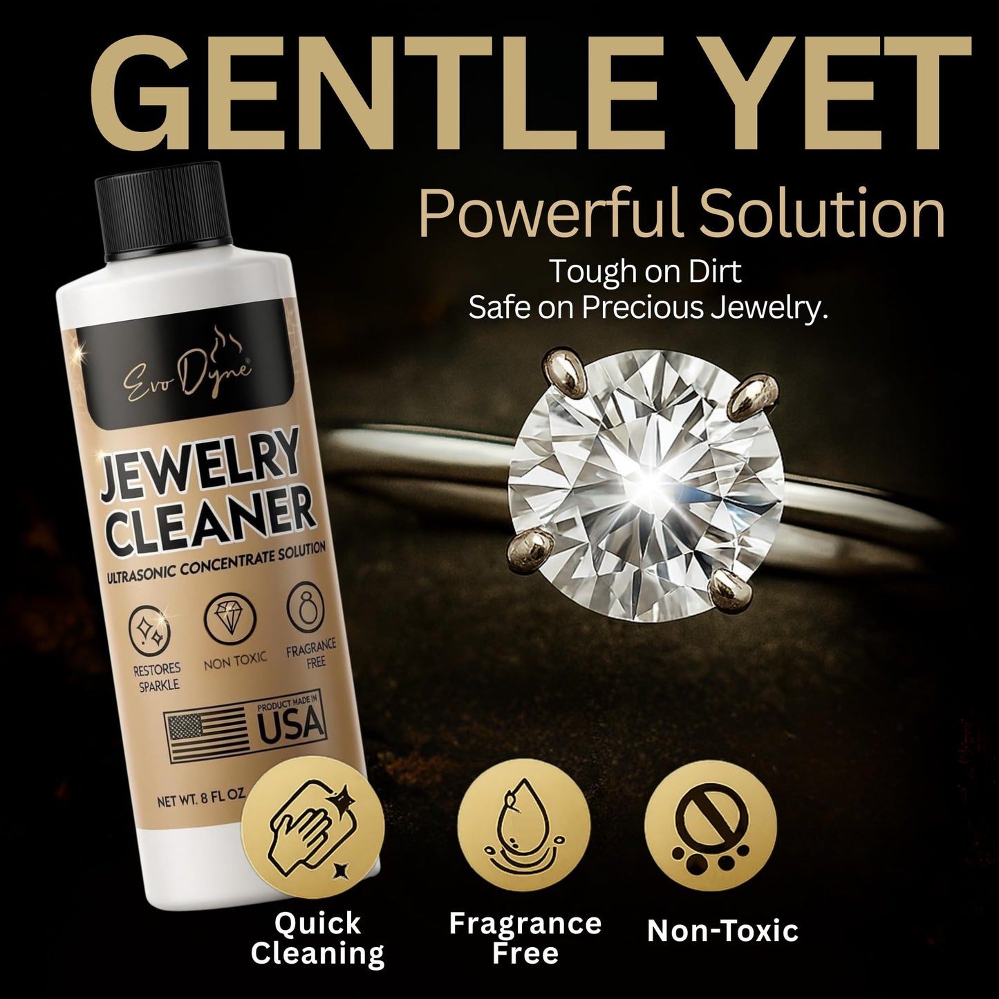 Ultrasonic Jewelry Cleaner Solution (8oz) Concentrated Jewelry Cleaner for Diamonds, Gold, Silver & More | Compatible with Ultrasonic Machine (s) - Made in USA