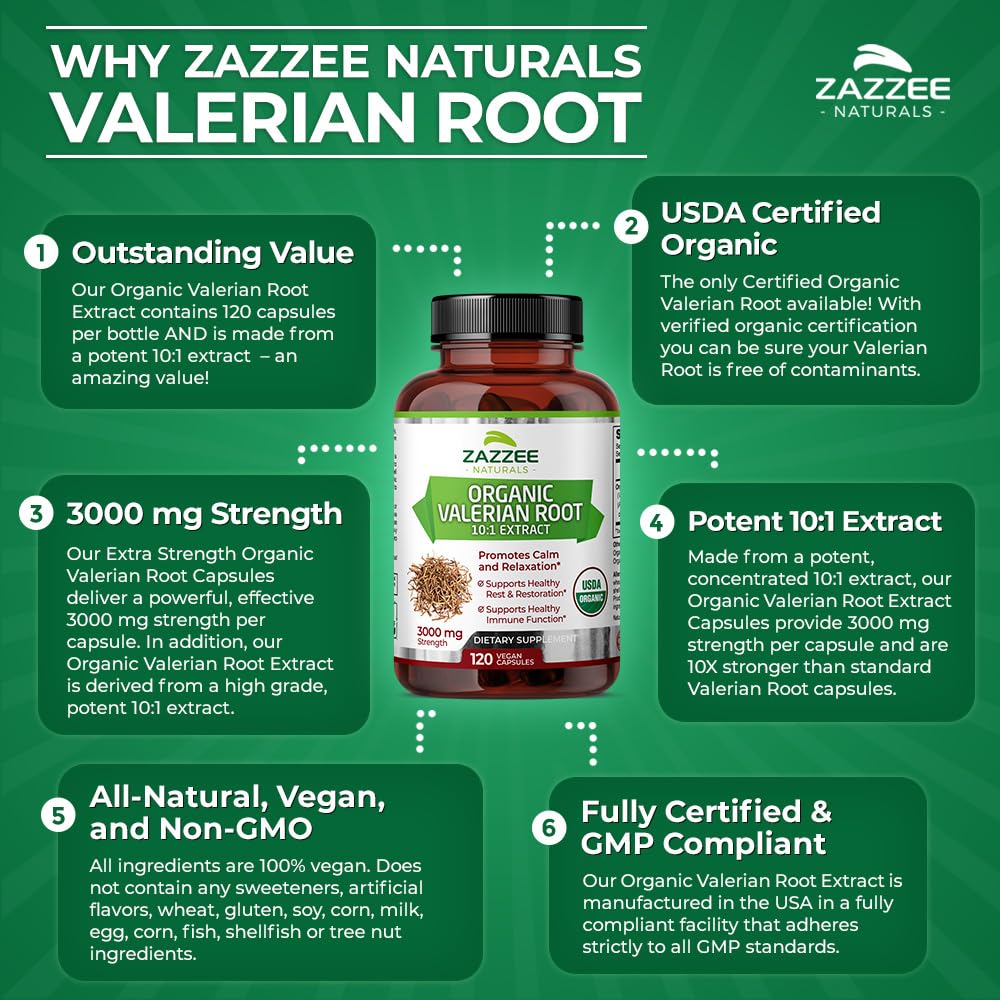 Zazzee USDA Organic Valerian Root 10:1 Extract, 3000 mg Strength, 120 Vegan Capsules, 4 Month Supply, Valeriana officinalis, 10X Potency, 100% Vegetarian, All-Natural, Non-GMO, Made in The USA