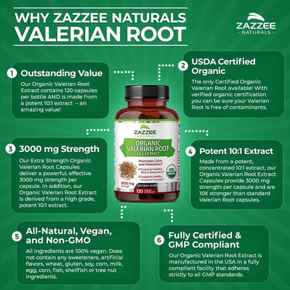 Zazzee USDA Organic Valerian Root 10:1 Extract, 3000 mg Strength, 120 Vegan Capsules, 4 Month Supply, Valeriana officinalis, 10X Potency, 100% Vegetarian, All-Natural, Non-GMO, Made in The USA