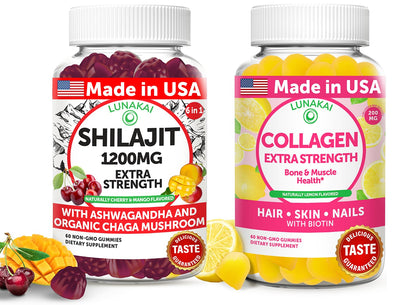 Lunakai USA Made Shilajit & Collagen Extra Strength Gummies Bundle – Energy, Hair, Skin, and Nail Support – Delicious & Non-GMO