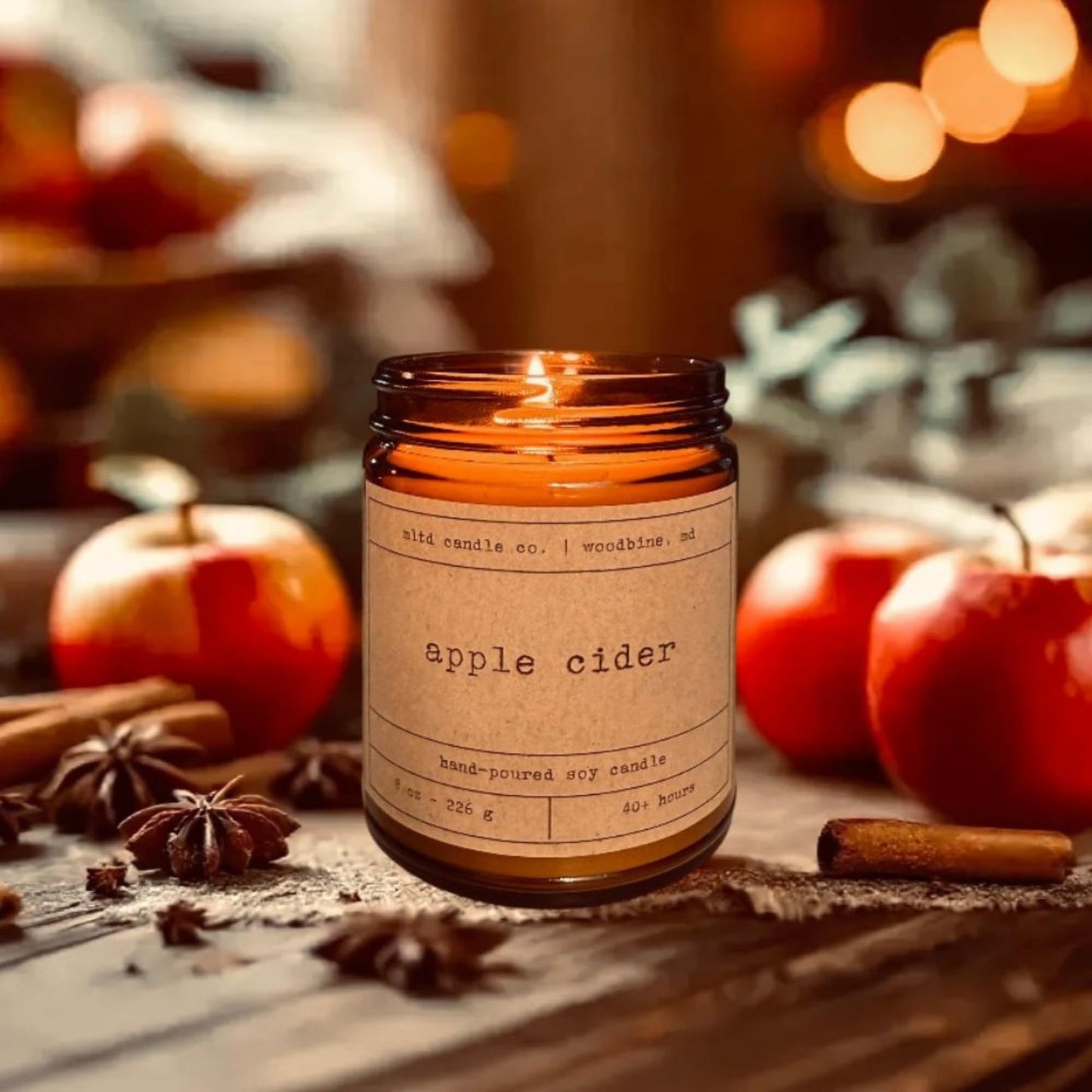 Apple Cider Soy Candle | Apple, Cinnamon, Anise Scented | 8 oz. | 40 Hour Burn Time | Non-Toxic, Phthalate-Free, Dye-Free | Hand-Poured | Amber Jar | Cotton Wick | Made in The USA