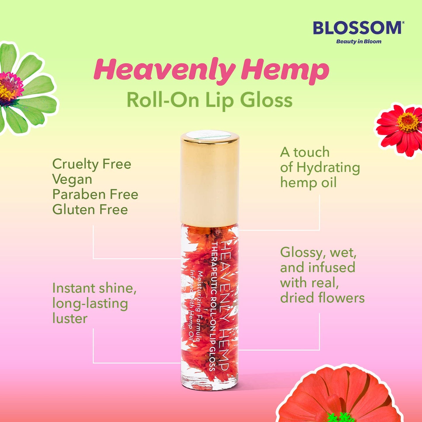 Blossom Roll on Lip Gloss, Scented Clear High Shine Moisturizing Lip Oil, Non Sticky, Infused with Real Flowers, Made in USA, 0.2oz, Peach Hemp