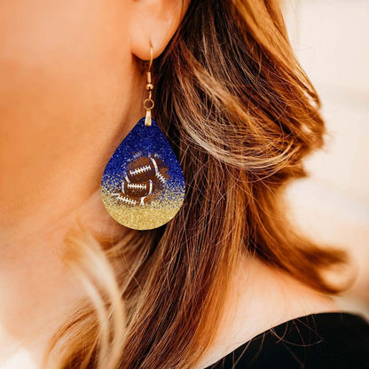 Football Dangle Earrings Blue & Gold Faux Glitter Teardrop Sports School Team Spirit Fan Jewelry Gift for Women Handmade by The Painted Pug (Blue and Gold Faux Glitter)