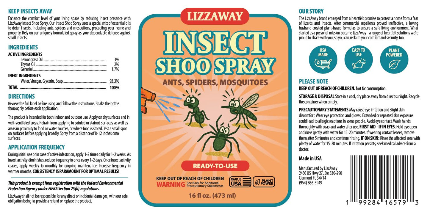 LizzAway Insect Shoo Spray - Insect Repellent Spray - Pet and Kid Safe Ant, Mosquito, and Spider Repellent for Indoor/Outdoor Use - Lemongrass, Thyme, Geraniol Powered Bug Control for Home