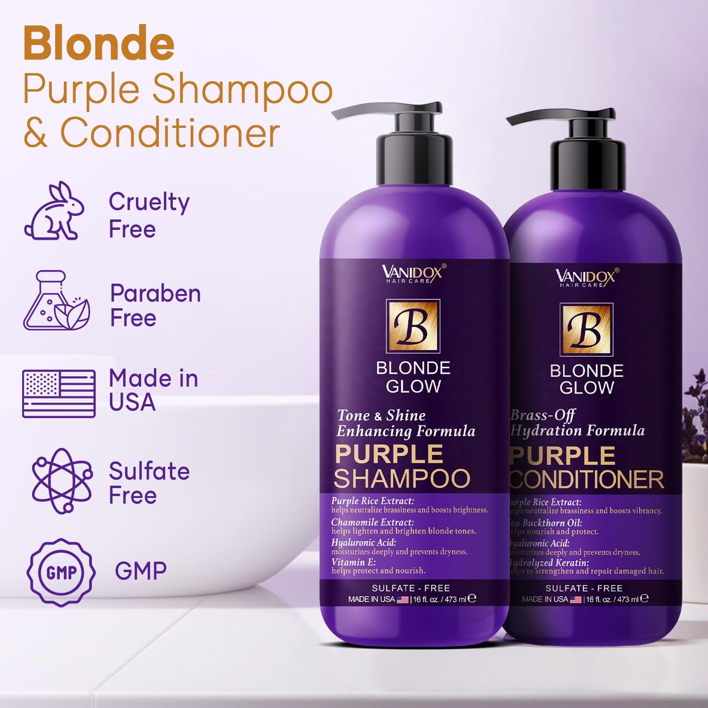 VANIDOX Sulfate Free Brass Toning Purple Shampoo and Conditioner Set for Blondes, Brown Highlighted, or Bleached Hair, Infused with Purple Rice Extract (16 fl oz each)