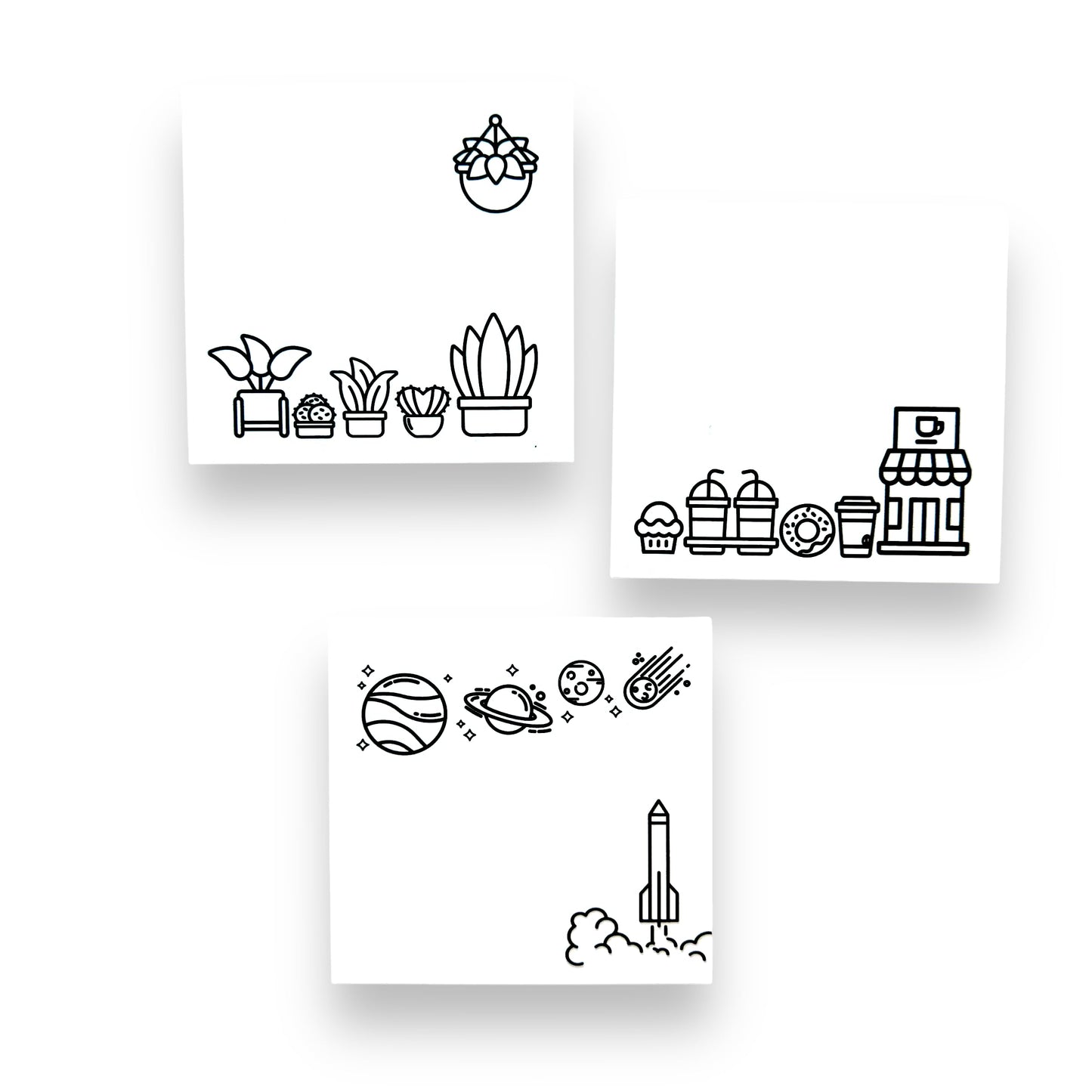 A Brighter Year Color Your Own Post-It Notes Bundle - 3 Sticky Note Pads - 3” x 3” Self Stick Notes - Coffee, Plant, & Space Themes -School, Office, Home, Travel, Notebook - Relaxation, Stress Relief