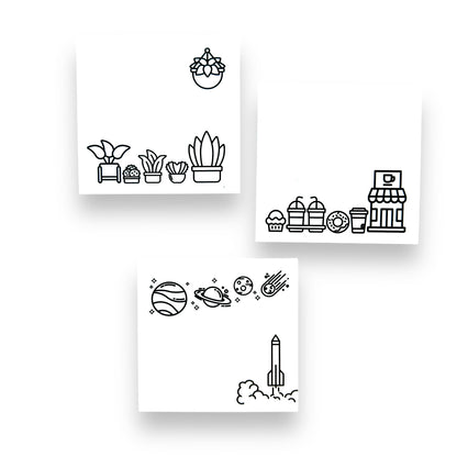 A Brighter Year Color Your Own Post-It Notes Bundle - 3 Sticky Note Pads - 3” x 3” Self Stick Notes - Coffee, Plant, & Space Themes -School, Office, Home, Travel, Notebook - Relaxation, Stress Relief