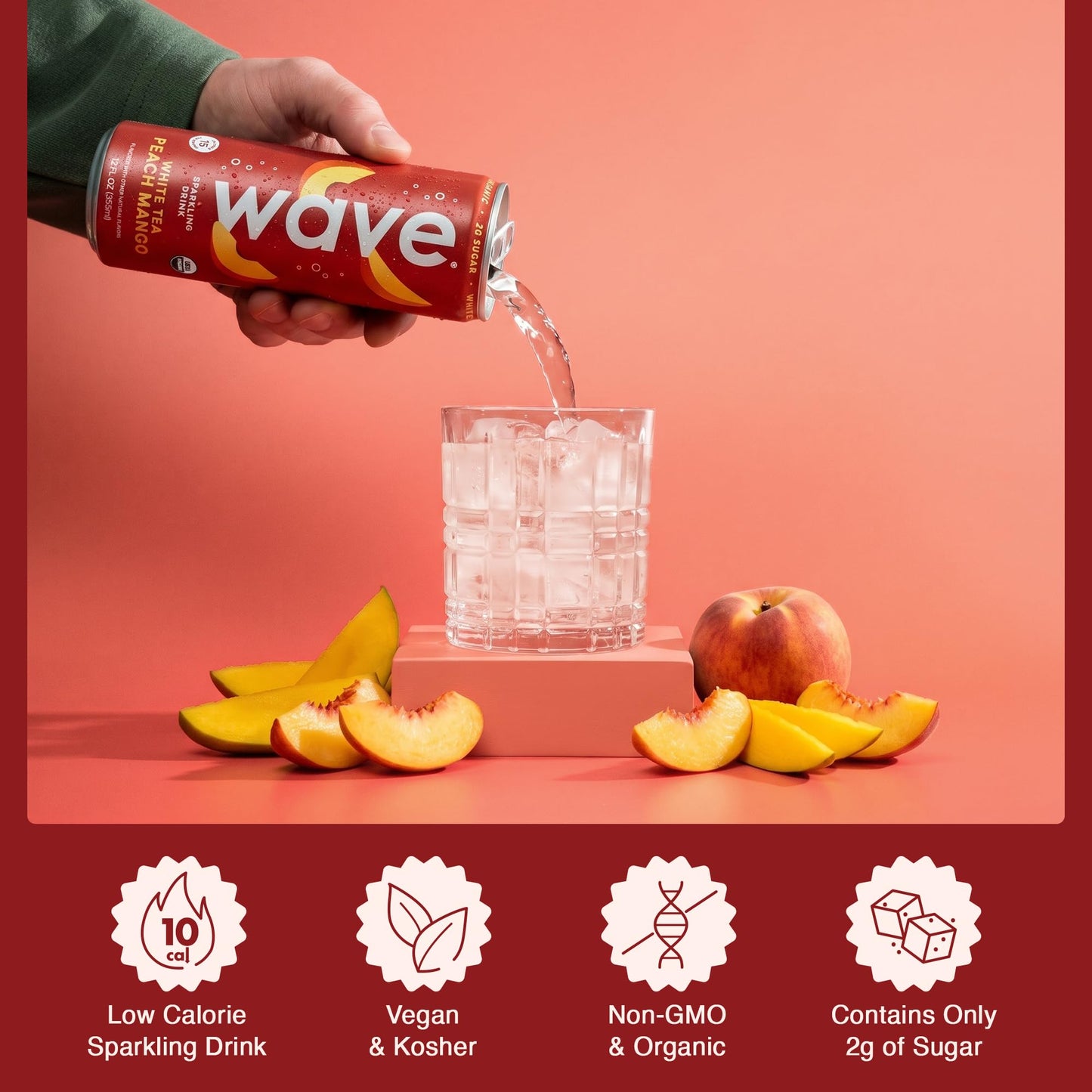 WAVE Organic Sparkling Drink | Low Calorie Drink, Peach Mango Lightly Carbonated | Great Natural Soda Alternative | USA Made Kosher No Added Sugar, Color, & Artificial Ingredients |12 Pack