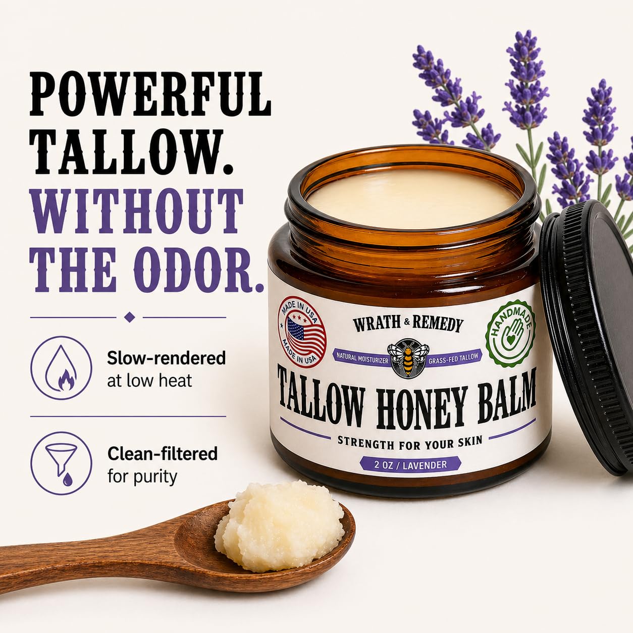 Organic Beef Tallow for Skin - 2OZ (Lavender, Concentrated) — US-Made Grass Fed Tallow and Honey Balm Moisturizer for Face, Hands & Body — Intensive Care for Dry Sensitive Skin, Eczema (No Additives)