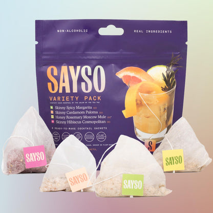 SAYSO Spicy Margarita, Cardamom Paloma, and Hibiscus Cosmopolitan (Skinny) & Honey Rosemary Moscow Mule Cocktail Mix Variety Pack | (Low-Calorie & Low Sugar Cocktail Tea Bags), 8-Pack Assorted