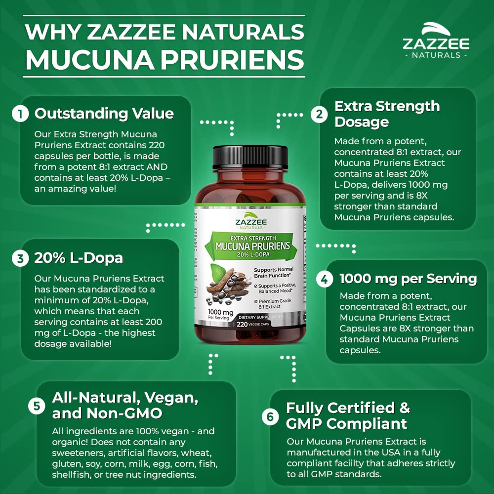Zazzee Extra Strength Mucuna Pruriens 8:1 Extract, Minimum 20% L-Dopa, 1000 mg, 220 Vegan Capsules, 110 Day Supply, Concentrated and Standardized 8X Extract, 100% Vegetarian, All-Natural and Non-GMO