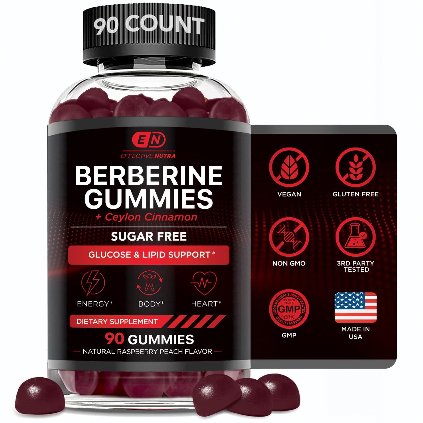 EFFECTIVE NUTRA Berberine Gummies with Ceylon Cinnamon | Sugar-Free Supplement 1200mg for Blood Sugar Support, Heart Health, Energy | 45-Day Supply, Natural Berry Flavor, Made in USA (90 Count)