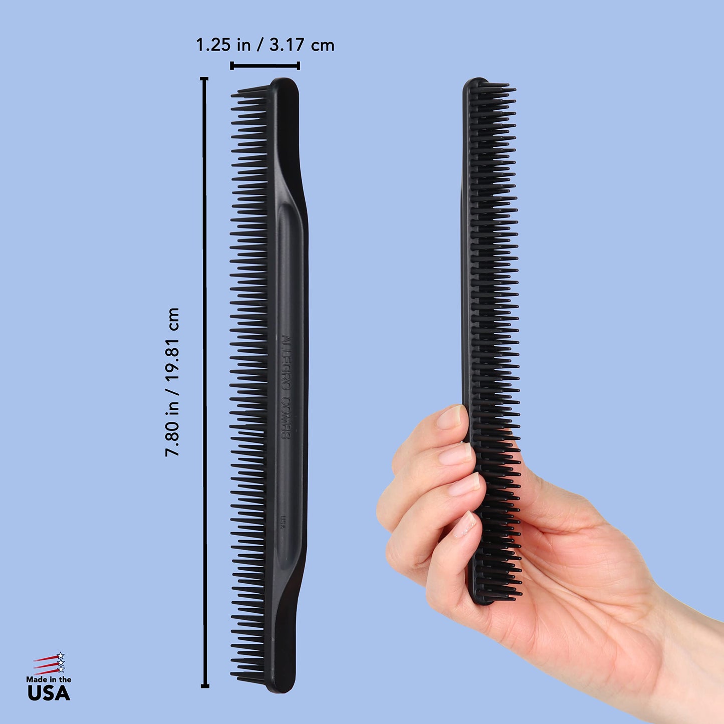 Allegro Combs 3-Row Detangling Comb #70 for Women's Curly Hair, Curl Defining, Wide Tooth, Made in USA, 1 Piece (Black)