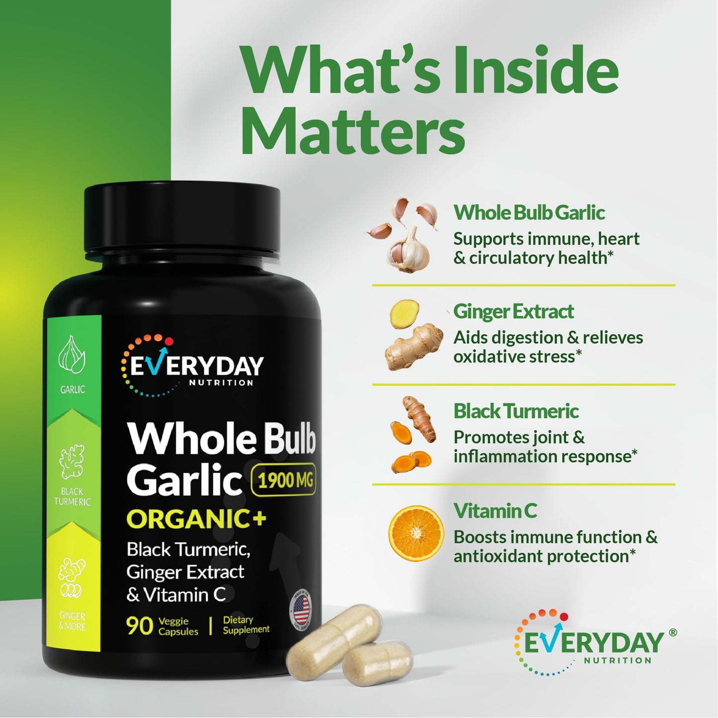 4-in-1 Garlic Supplement with Organic Whole Bulb Garlic, Black Turmeric, Ginger Extract & Vitamin C – Immune Support & Antioxidant Supplement – High Potency Vegan Formula – Made in USA – 90 Capsules