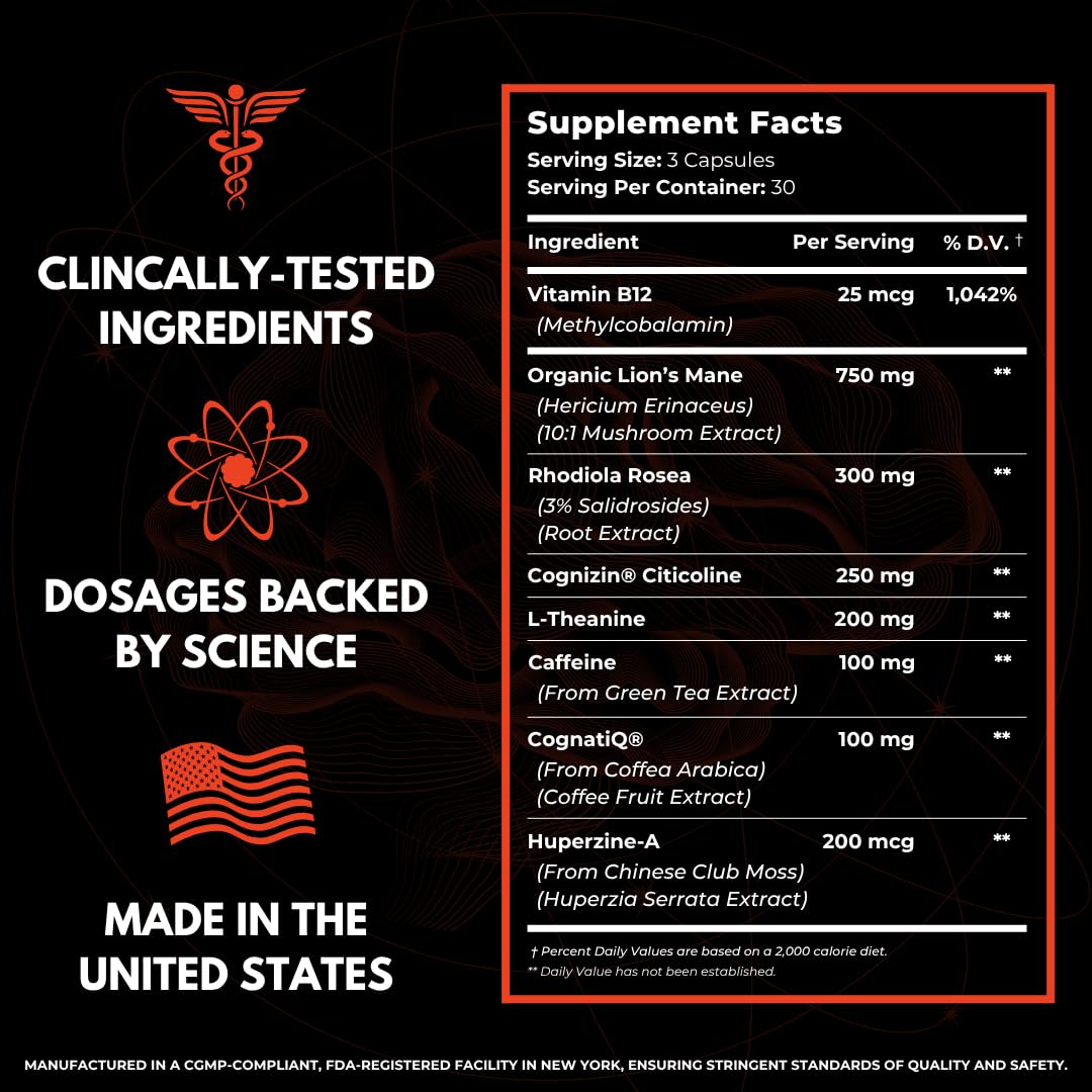 Advanced Nootropic Brain Supplement for Energy, Memory, & Focus | Lion's Mane, Caffeine, L-Theanine, and 5 Additional All-Natural Ingredients to Improve Cognitive Health (90 Capsules)