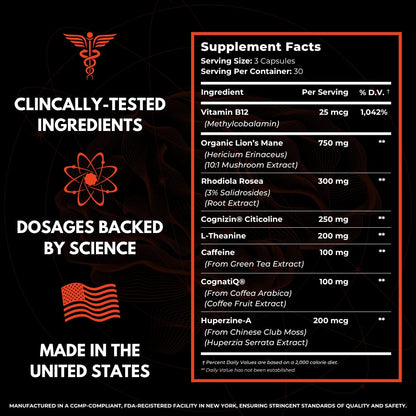 Advanced Nootropic Brain Supplement for Energy, Memory, & Focus | Lion's Mane, Caffeine, L-Theanine, and 5 Additional All-Natural Ingredients to Improve Cognitive Health (90 Capsules)