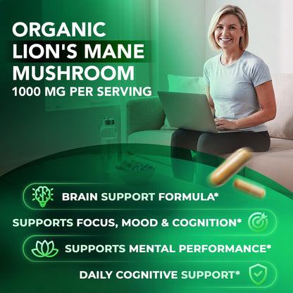 Lions Mane Supplement Capsules – 1000 mg per Serving, Complete Brain Support Complex with L Theanine, Ginkgo Leaf, Vitamin B6, B12 - Vegan, Non-GMO & Made in USA Lions Mane Mushroom - 60 Capsules