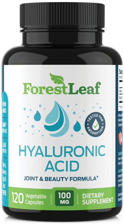 ForestLeaf Hyaluronic Acid Supplements | 100mg High Bioavailable Dietary Hyaluronic Acid Powder Capsules + 50mg VIT C | Supports Skin Hydration, Joint Lubrication, Anti-Aging, Hair & Nails | 120 Caps