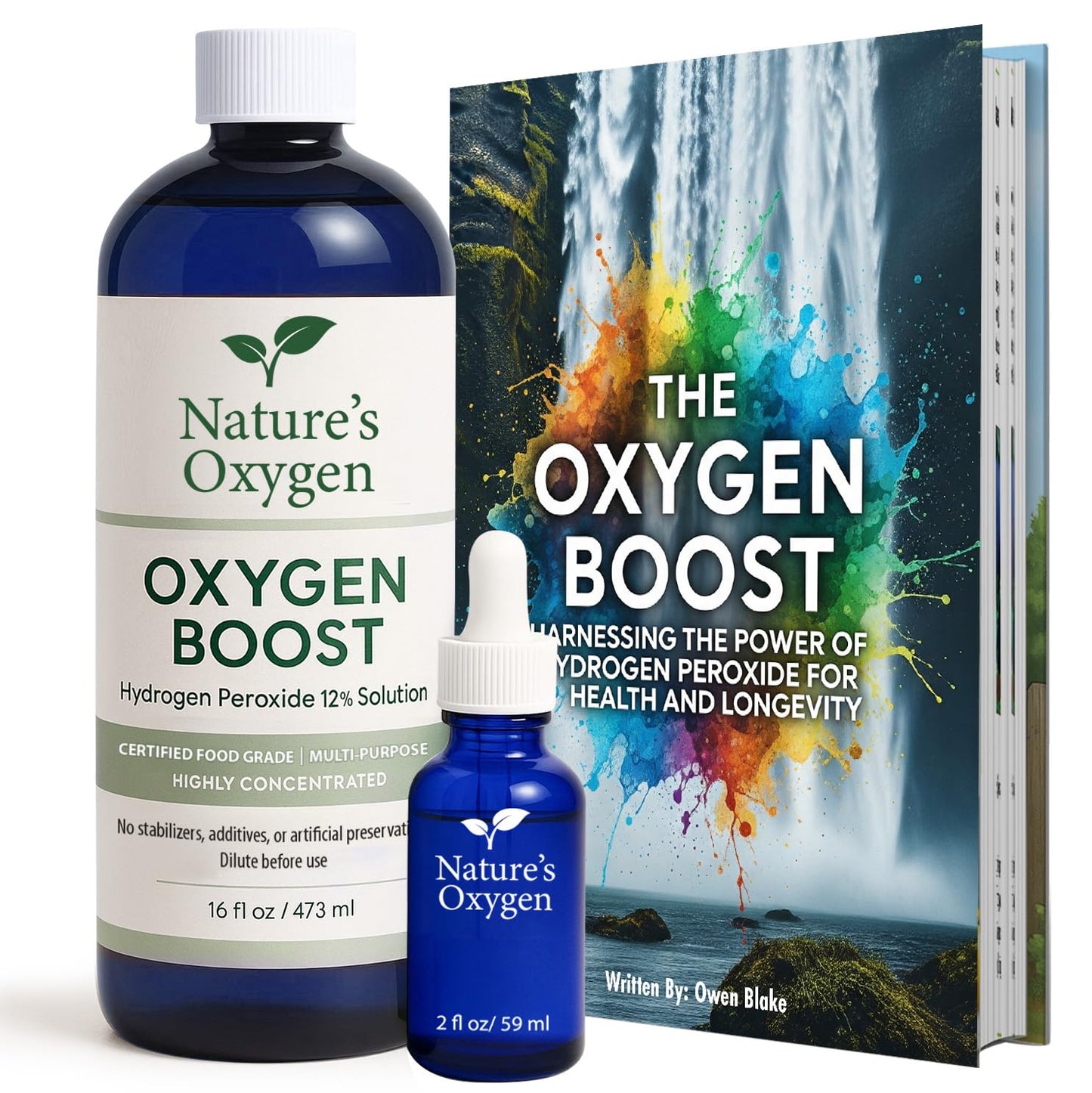 Nature’s Oxygen Food Grade Hydrogen Peroxide 12% Solution, 16 fl oz Pint Bottle with 2 fl oz Dropper and The Oxygen Boost Book, Only H₂O₂ & Water, Made in USA
