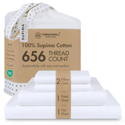 Threadmill Supima Cotton Sheets Queen | 656 Thread Count Queen Sheets for Queen Mattress | 4 Piece Luxury Bed Sheet | Sateen Weave Hotel Quality Sheet with Elasticized Deep Pocket| White Sheet