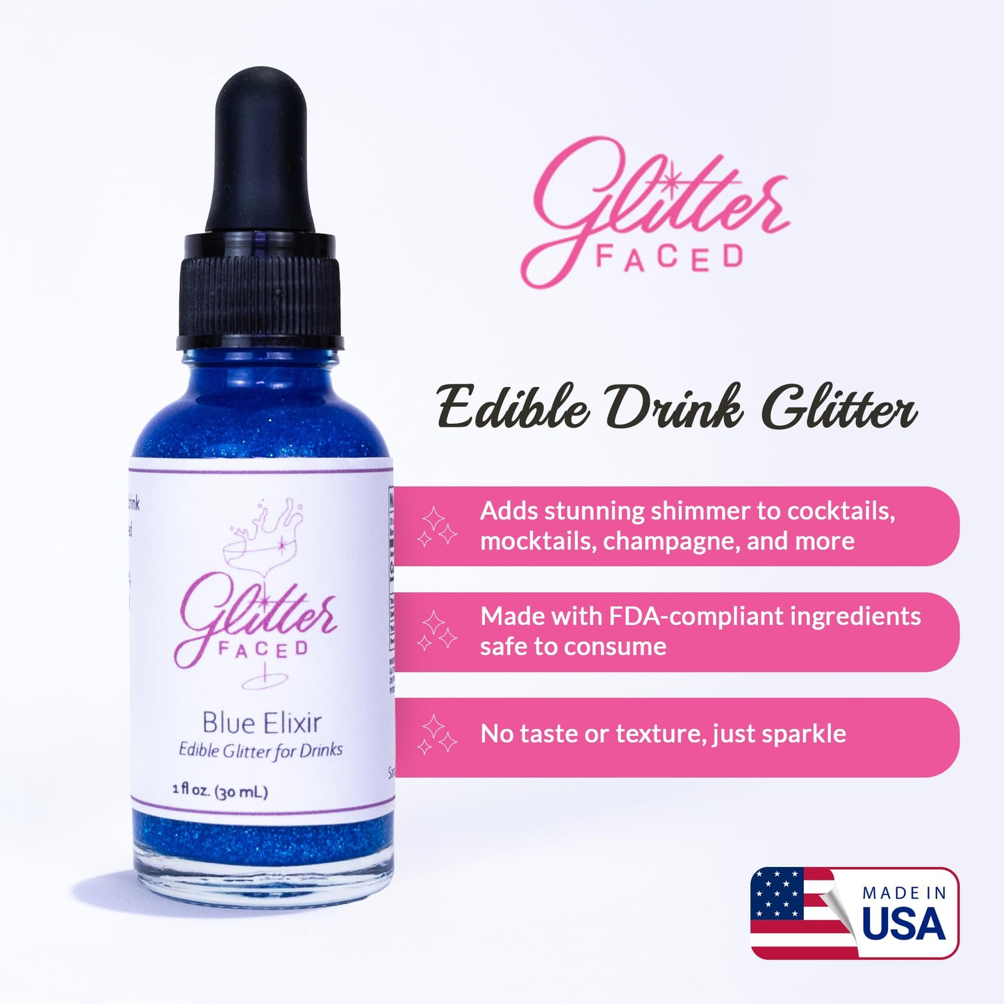 Glitter Faced Blue Edible Glitter For Drinks With 0-Calories, No Taste or Texture | 30ml Food-Grade, 30 Drinks, Luster Dust | Ideal for Beverages, Galentine’s, Parties & Events | Made in USA