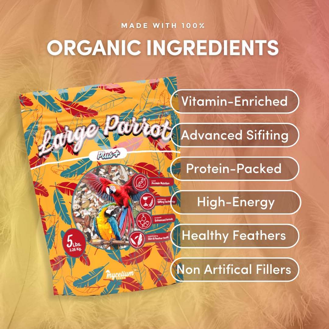 Mycelium Organic Large Parrot Plus Bird Food (5 LBS) | Premium Bird Seed for Macaws, Cockatoos & Parrots | High-Protein, Vitamin-Fortified, Skin & Feather Support | Non-GMO, USA Made, No Fillers