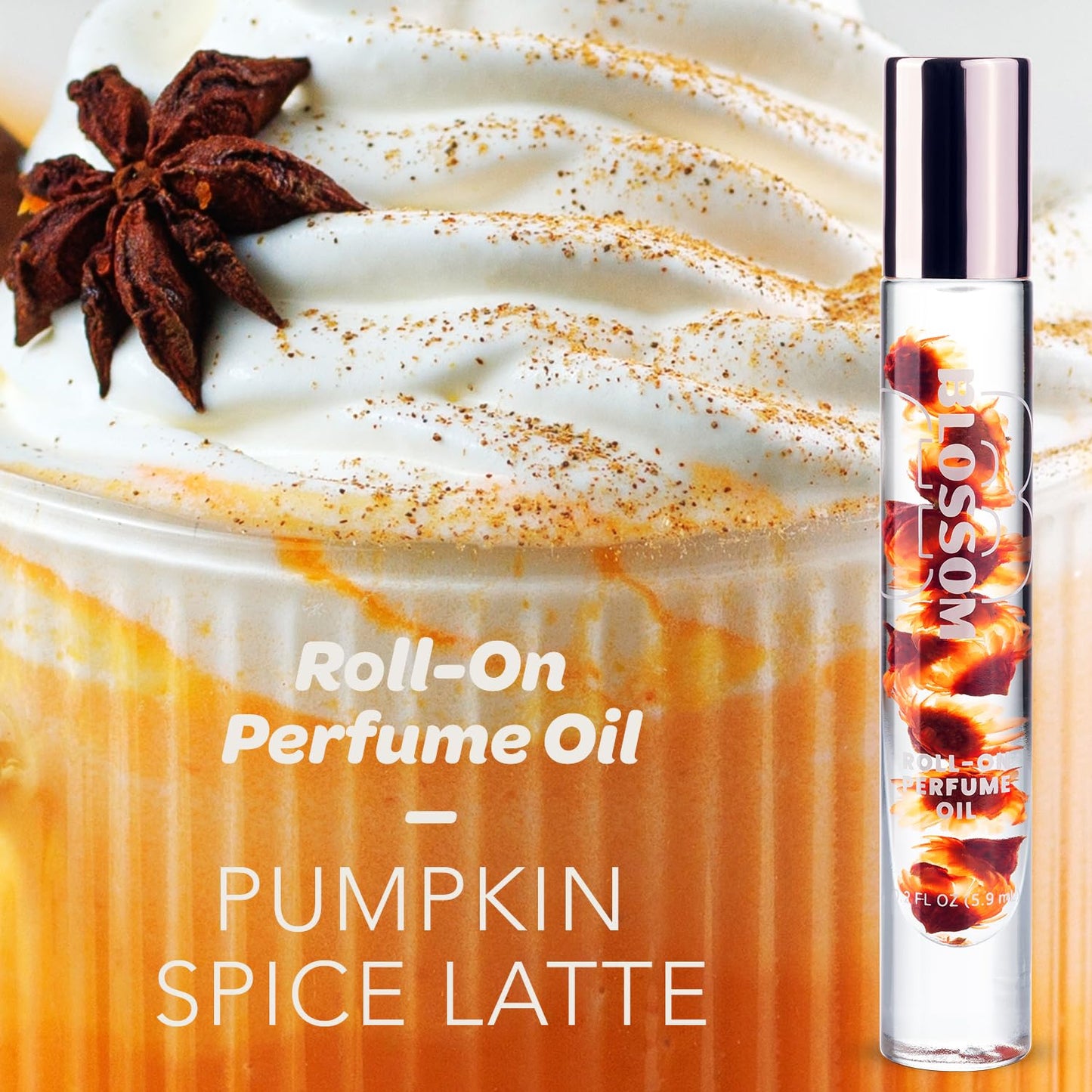 Blossom Roll on Perfume for Women Alcohol Free Gourmand Rollerball Perfume Oil with Essential Oils, Infused with Real Flowers, Made in USA, 0.20oz, (Pumpkin, Vanilla, Cinnamon) Pumpkin Spice Latte